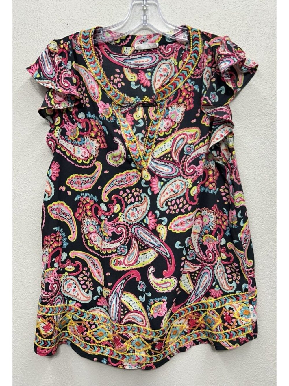 Emily Wonder Women's Blouse Size Medium Paisley Floral Embroidered Peasant Boho